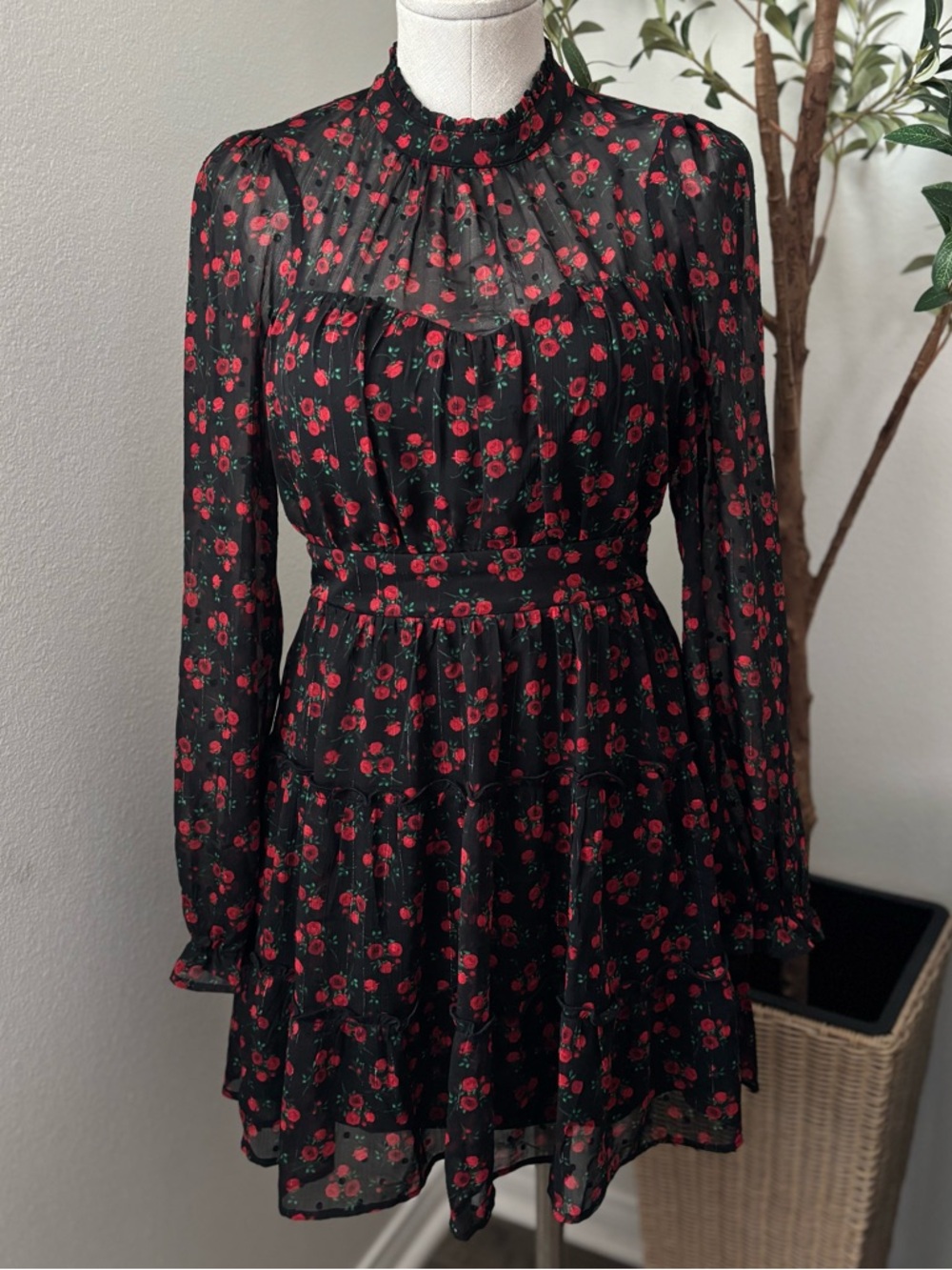 NWT Mi Ami for Francesca’s Floral Long-Sleeve Mini Dress with Red Rose Print
